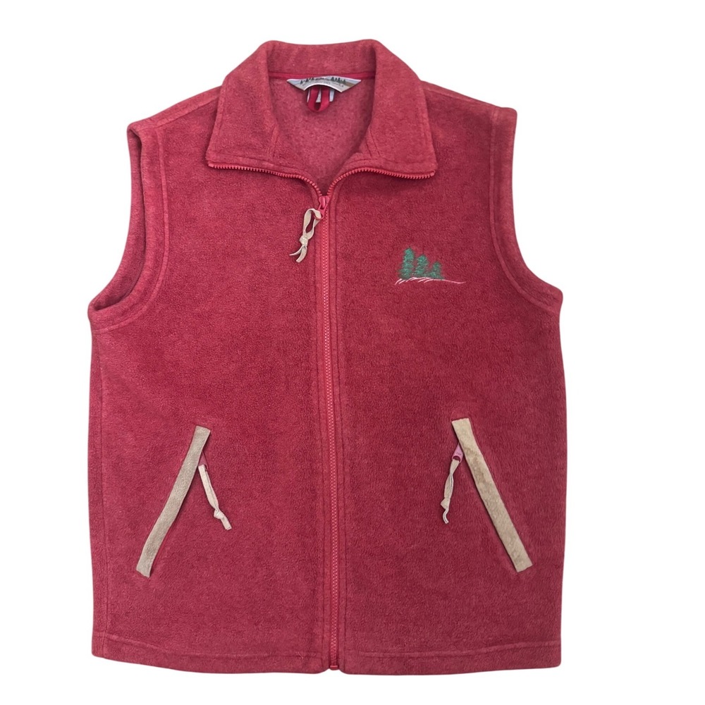 Eastern Mountain Sports Mens Red Fleece Full Zip Vest Leather Trim Pine Tree‎ M